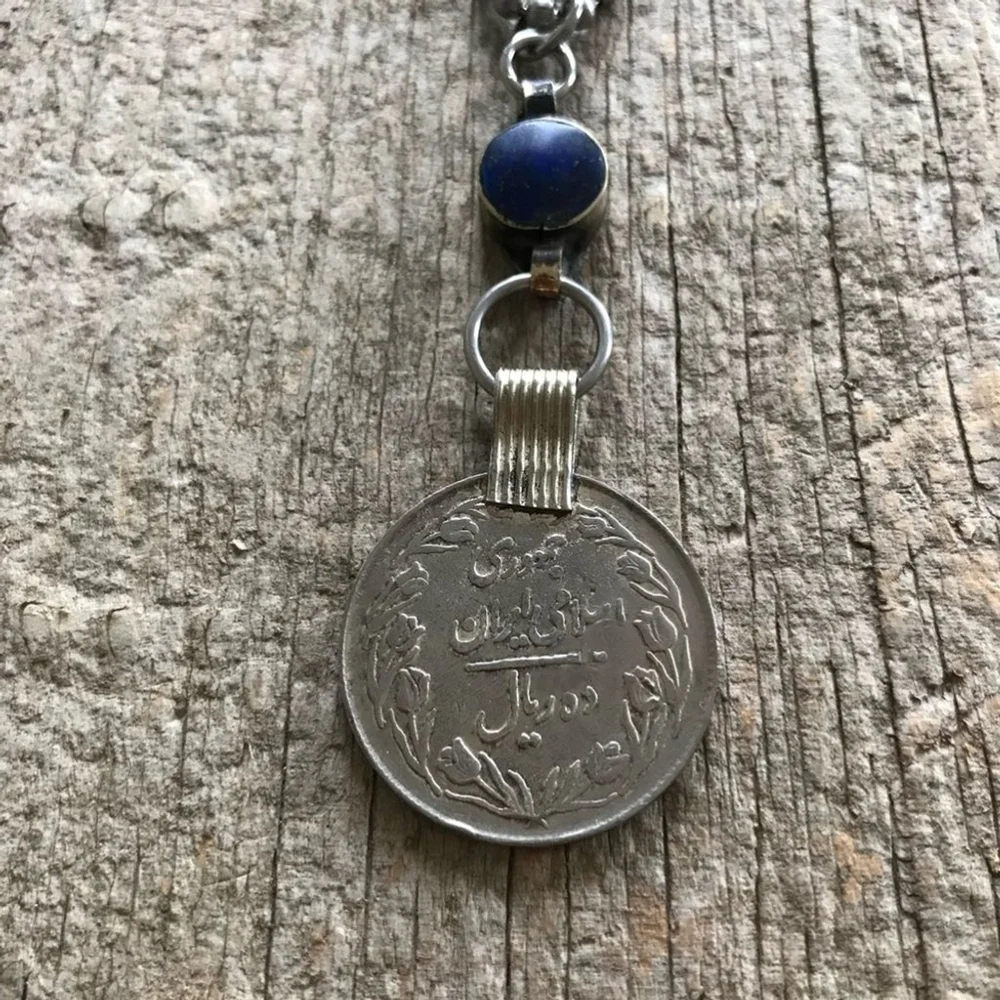 Rustic Lapis Lazuli Ethnic Coin Charm Necklace - 30 Inch Chain